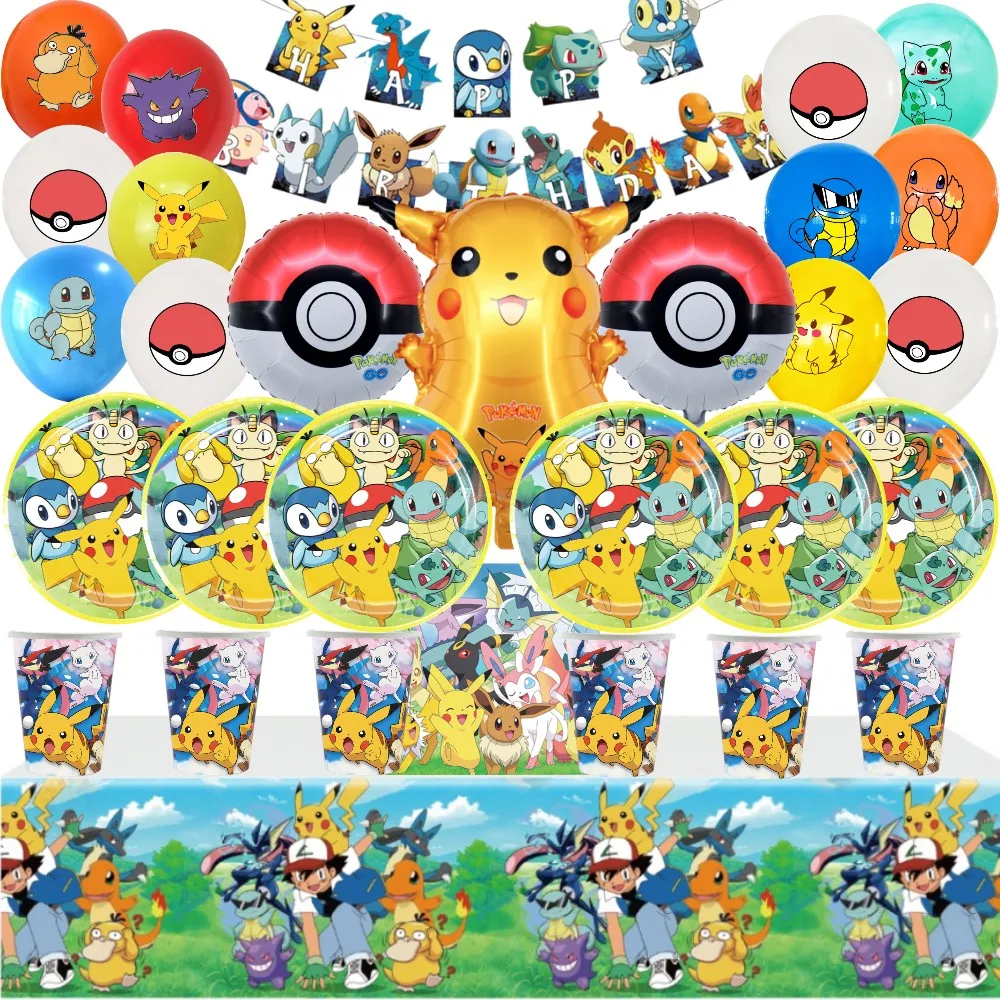 

New Pokemon Birthday Decorations Paper Disposable Tableware Set Balloons Baby Shower Cartoon Pikachu Kids Party Supplies