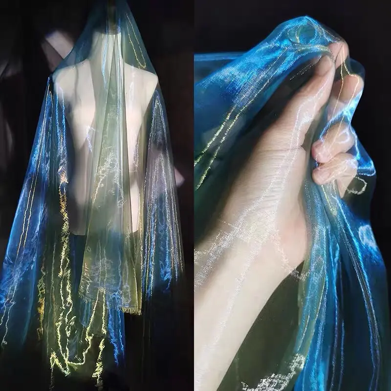 

150cm*100cm designer Fluorescent Fabrics Colorful Shiny Gauze Fabric Stage Wedding Decor Voile Transparent Holographic Fabric
