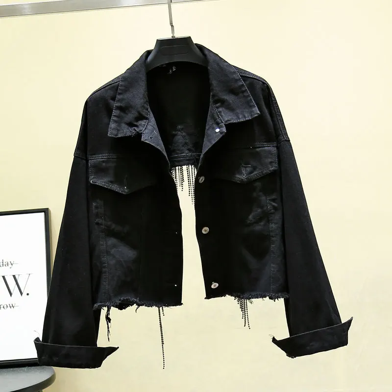 

2021 Spring Fall Female Y2k Heavy Tassel Back Slit Openwork Gray Short Coat Jeans Jacket Outwear Indie Women's Blue Denim Jacket