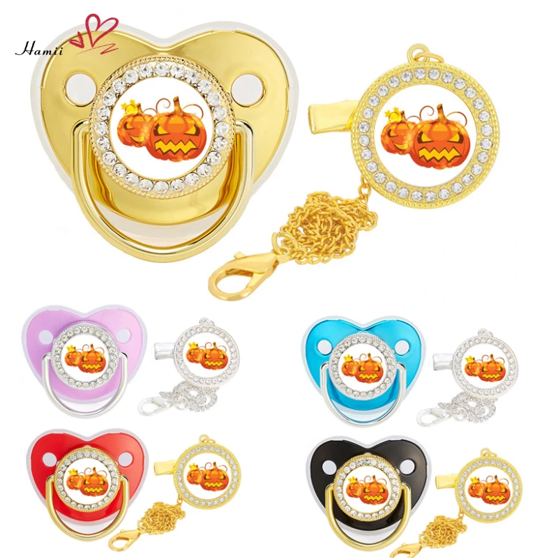 

Halloween Pumpkin Print Baby Pacifier Chain Clips Luxury Bling Pacifier Silicone BPA Free Infant Nipple Dummy Soother 6-12 Month