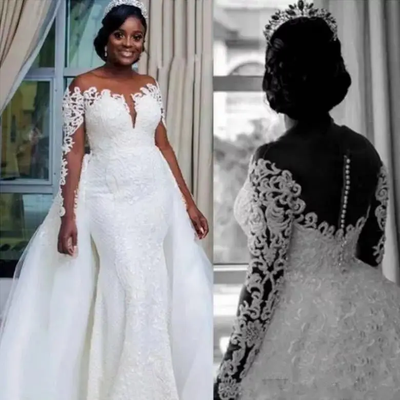

Африканское свадебное платье с юбкой-годе, V-образным вырезом, длинным рукавом, кружевное свадебное платье со съемным шлейфом, 2022