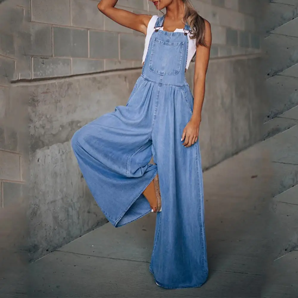 

Женский джинсовый комбинезон без рукавов, повседневный Свободный комбинезон с широкими штанинами и завышенной талией, на выход, синего цвета