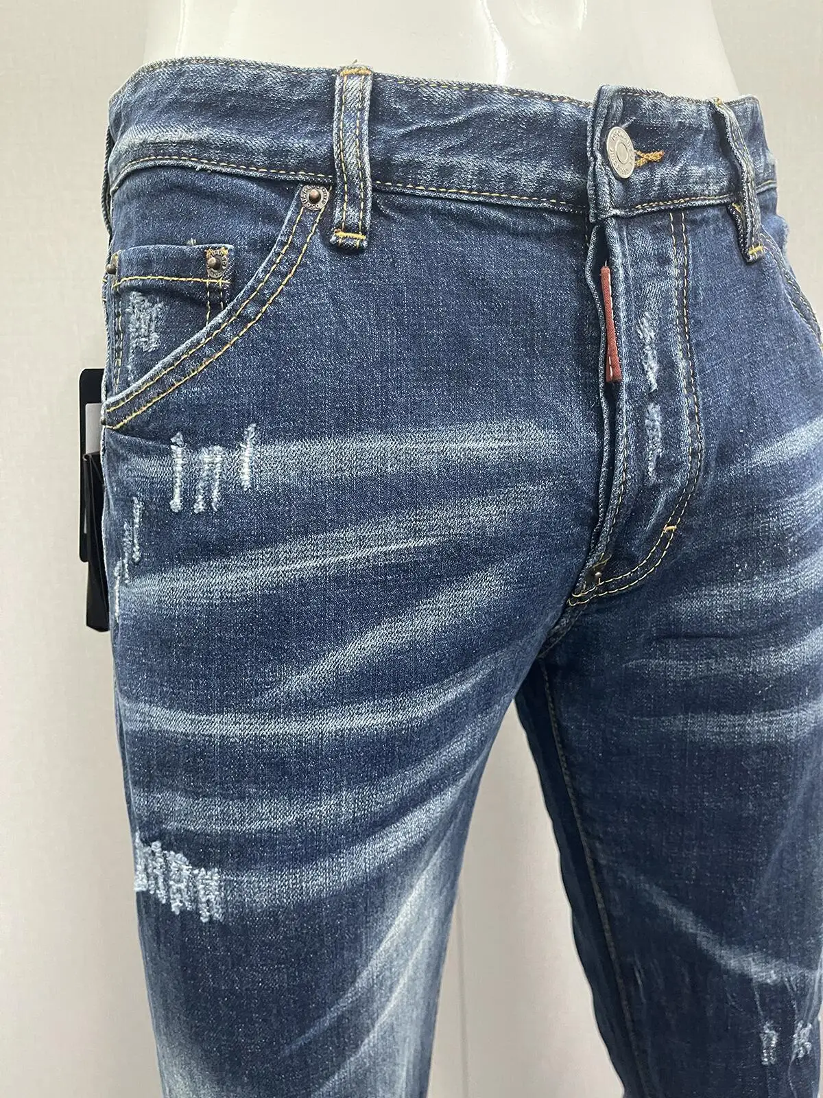 2023 New  Jeans Fashionable Slim Fit with Hole Patches, Painted Ink Breaking Small Feet Spliced Denim Pants for Men