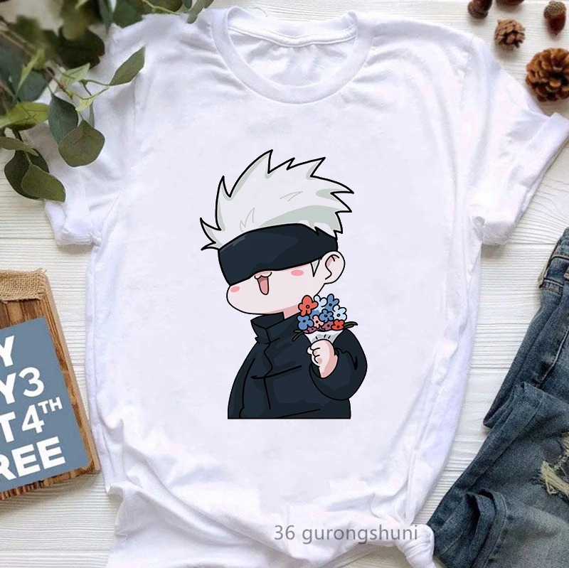 

Jujutsu Kaisen Gojou Satoru Chibi With Flowers Print Tshirt Girls Japanese Anime T Shirt Women Summer Fashion Kawaii T-Shirt