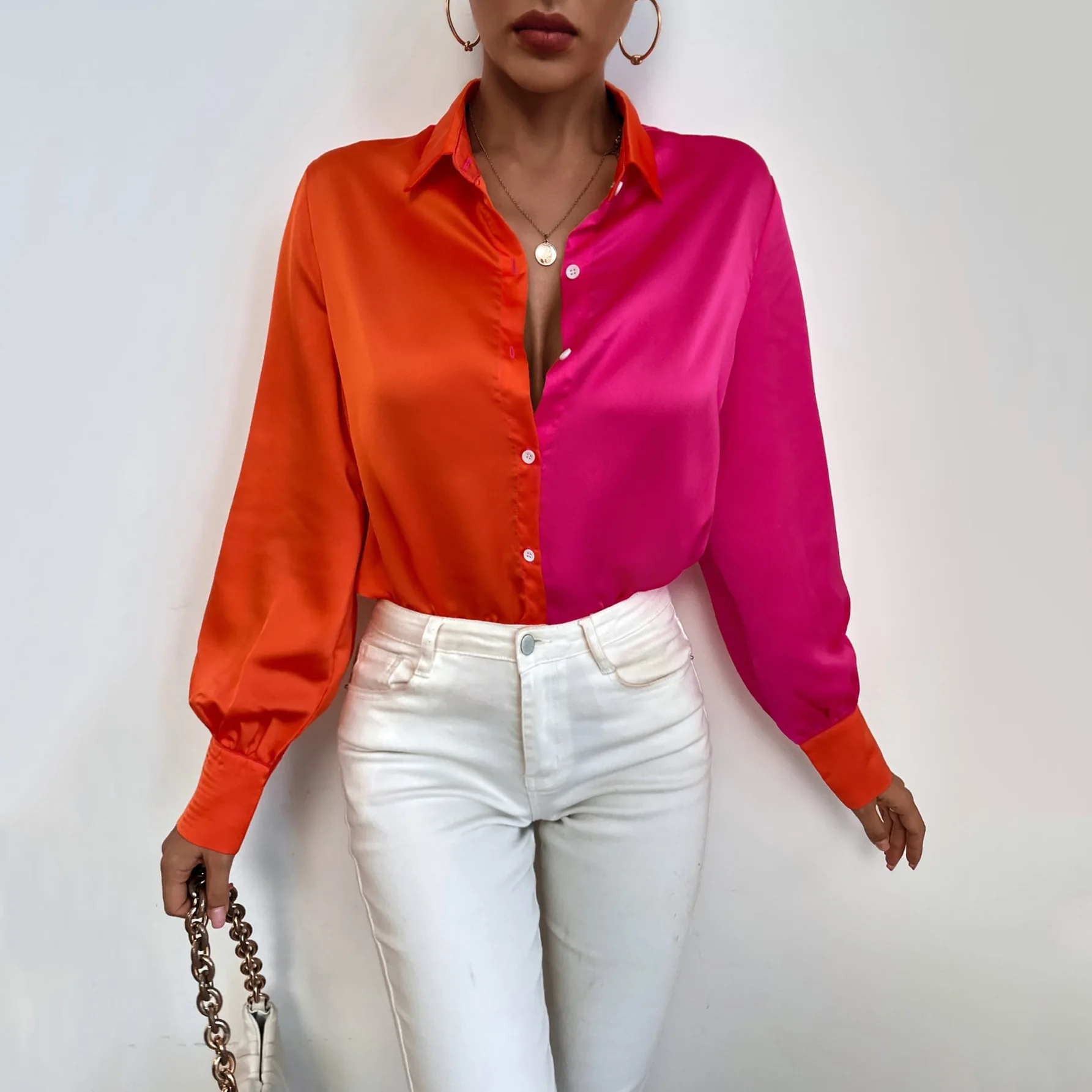 Women's Colorblock High Quality Satin 2022 Fall New Shirts Office Lady Polo-Neck Shirt Sleeve Women Tops
