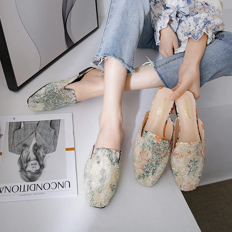 

Flat Shoes Female Woman's Slippers Loafers Cover Toe Low Slides Big Size Mules Sexy 2023 Soft Rubber Silk Fabric Basic Female Sh
