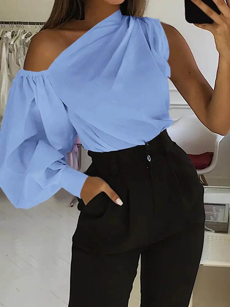 

Модная женская блузка Celmia 2022, летние рубашки с длинным рукавом-фонариком, сексуальная туника с открытыми плечами, повседневные Элегантные п...