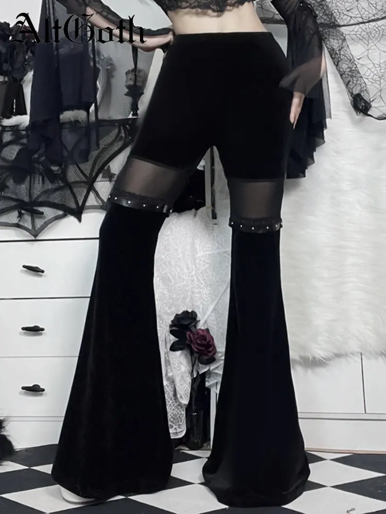 

AltGoth Vintage Gothic Velevt Pants Women Cyberpunk Y2k E-girl Mesh Patchwork Flare Pants Harajuku Leg Belted Trousers Female