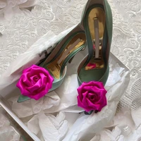 flower shallow pumps slip on woman green solid casual summer spring 2022 newest novelty high thin heels pumps pointed toe shoes