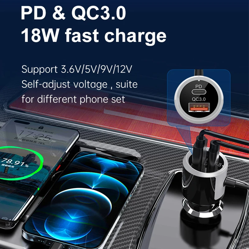 

Автомобильное зарядное устройство Usb, 18 Вт, PD3.0, QC3.0, прикуриватель, телефонное зарядное устройство, гнездо с FM-передатчиком, Bluetooth, mp3-плеером, ...