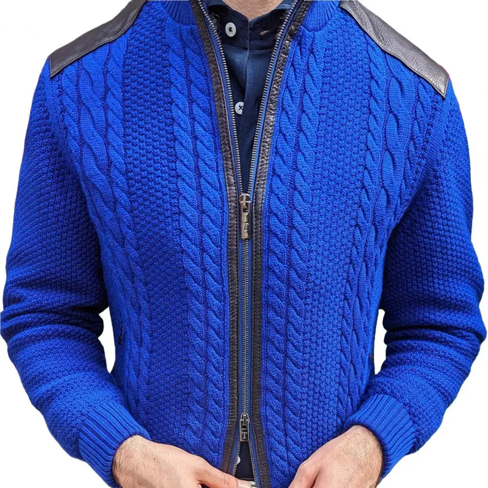 

Thick Men Sweater Coat Cardigan Knitted Double Zippers Patchwork Solid Color Elastic Anti-shrink Men Winter Coat Cardigan