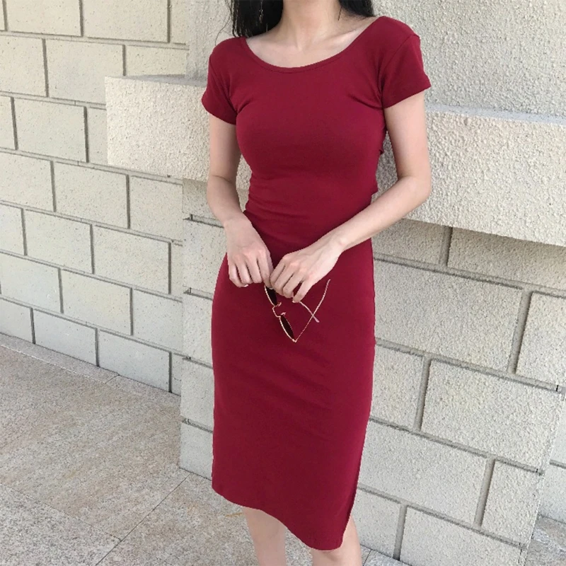 

Женское летнее облегающее платье-карандаш средней длины с коротким рукавом и круглым вырезом, соблазнительное однотонное платье-карандаш ...