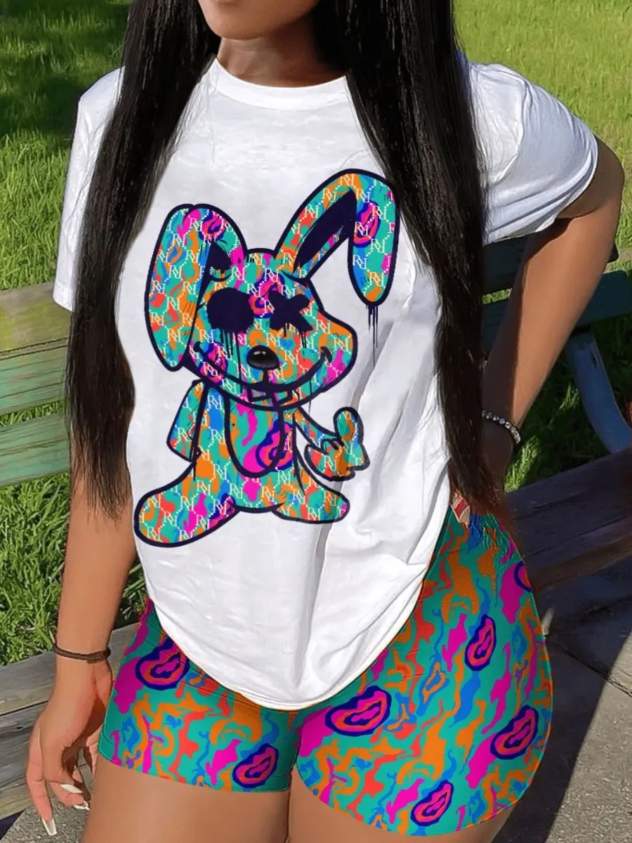 

LW Multicolor Two Pieces Shorts Suits Cartoon Mixed Print Shorts Set Short Sleeve Pullover White Top&All Print Bottoms Outfits