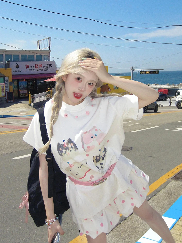 Японская мода больших размеров милая и забавная футболка с короткими рукавами