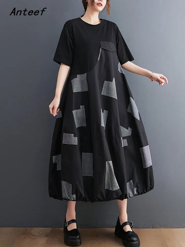 

Anteef short sleeve cotton vintage dresses for women casual loose long summer dress elegant clothing 2022
