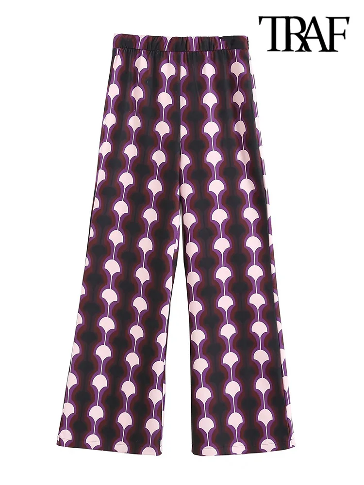 

TRAF Women Fashion Printed Flared Trousers Vintage High Waist Side Zipper Female Pants Mujer