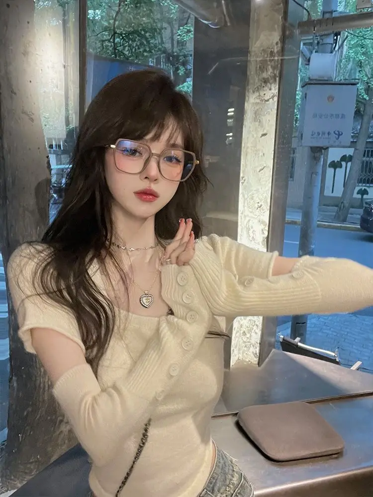 

Blusas Design Sweater Women's Tops Patchwork Sleeve Sleeve White Knit T-shirt