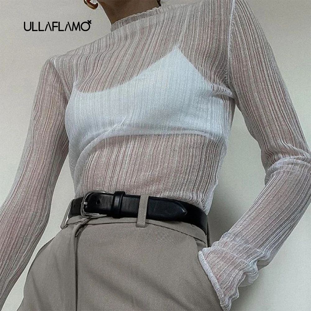 

Mesh Long Sleeve T-Shirt Ladies Top French Elegant Casual Solid Color Bottoming Shirt Fashion Short T-Shirt Tops Turtleneck