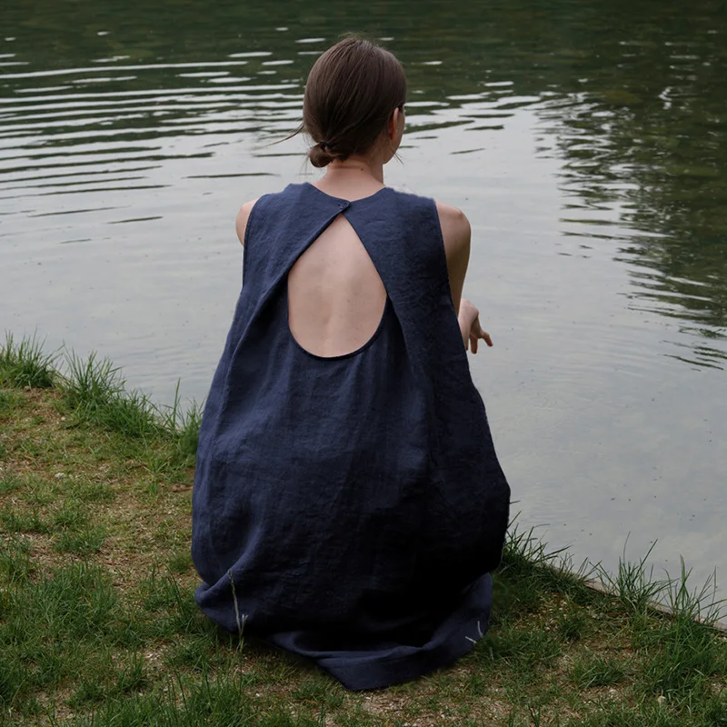

Cotton and Linen Simple Dress Women Round Neck Backless Solid Sleeveless Dresses Korean Casual All Match Clothing Outwear New