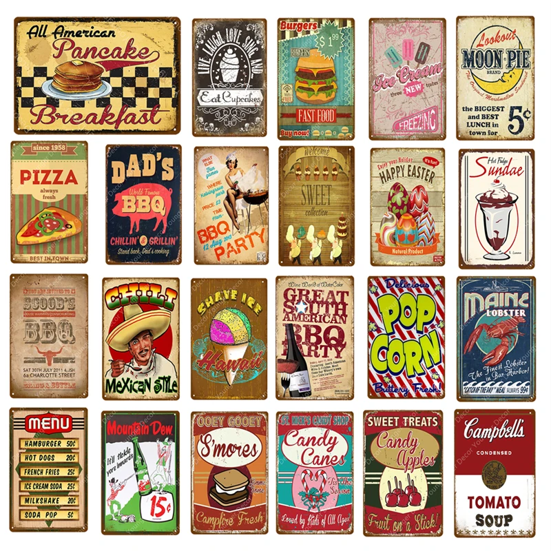 

Гавайский мороженое, металлические знаки, постер на завтрак с вкусными блюдами, барбекю, рандомные гамбургеры, пиццу, винтажная тарелка, паб, бар, домашний декор YJ082