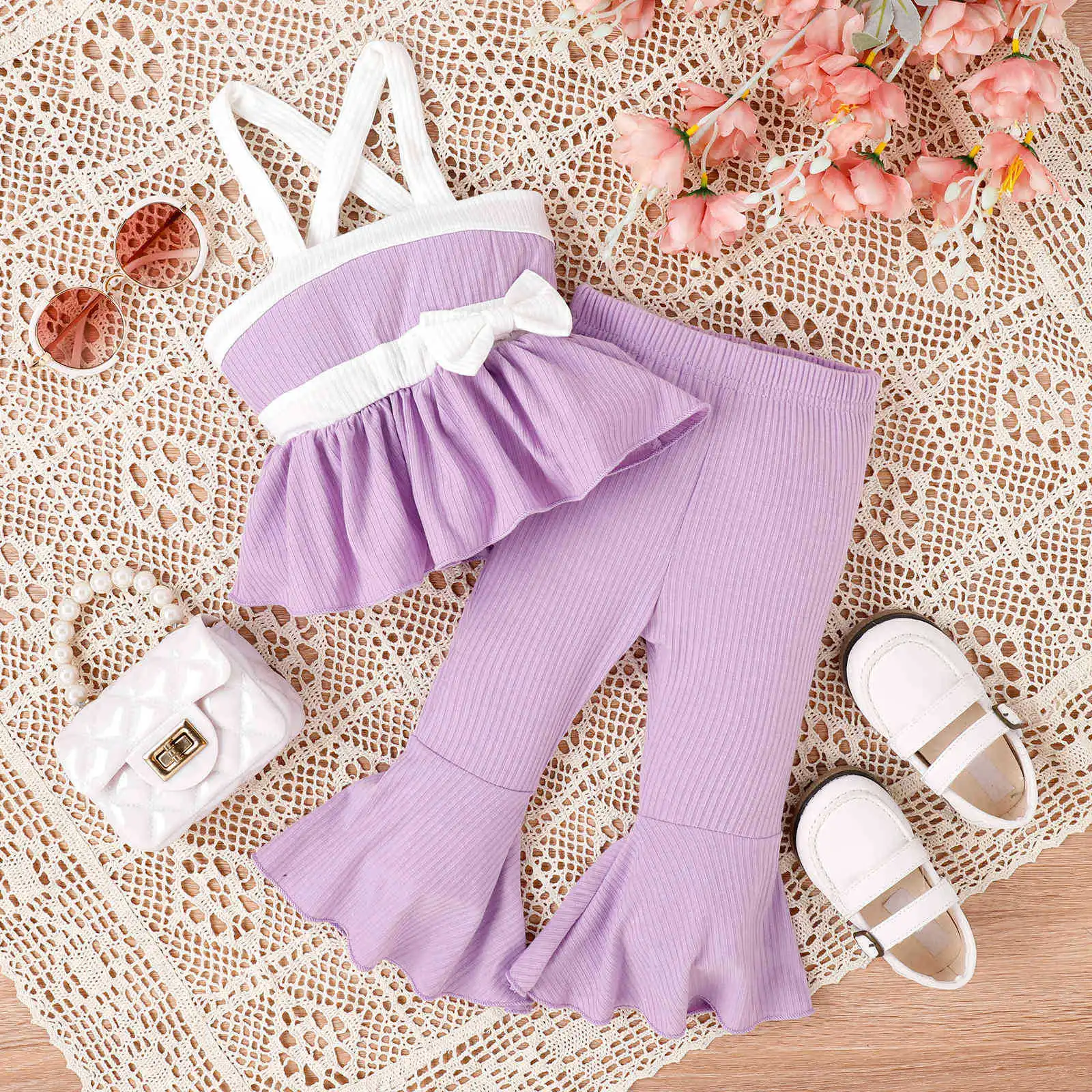 

Summer Infant Toddler Baby Kid Girls Clothes Set Pure Cotton Color Matching Bow Strap Top+Flared Pants 2PCS Children Suit 6M-5T