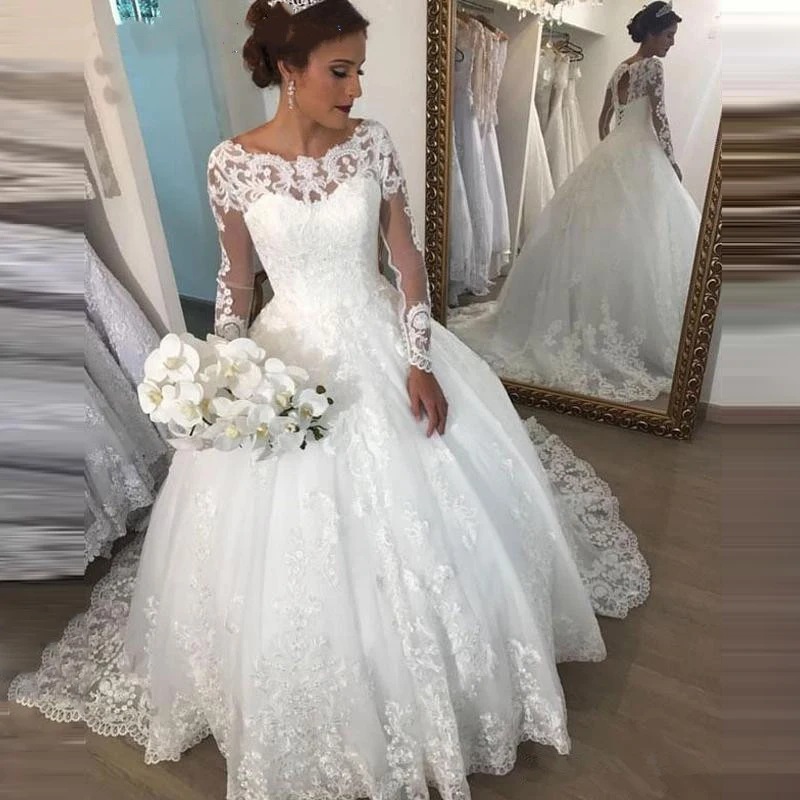 

vestido de noiva Elegant Scoop Neck Long Sleeves Ball Gown Wedding Dress Lace Appliques Princess Bridal Gowns robe de mariee