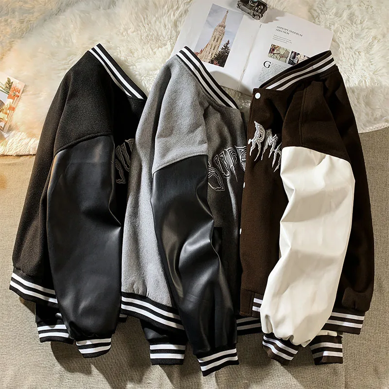 Бейсбольная кожаная куртка с буквенной вышивкой Мужская Весенняя корейская