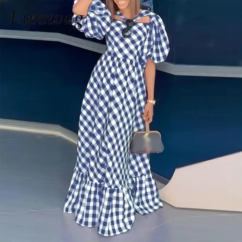

Casual Ruffle Loose Hem Long Dress Fashio Retro Plaid Print Lady Party Dress Elegant Puff Shoulder Women Hollow Sexy Maxi Dress