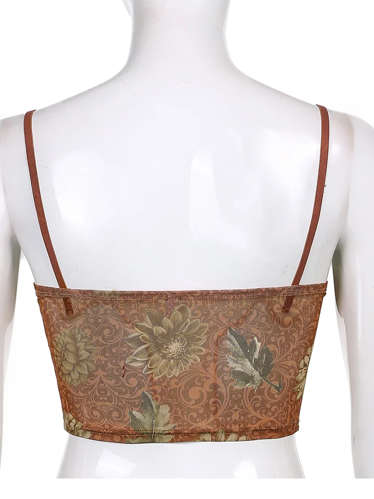 Rapcopter Floral y2k Camis Brown Crop Top Lace Frill Cute Corset Top Spaghetti Strap Sweats Harajuku Tee Top Women Beach Vests