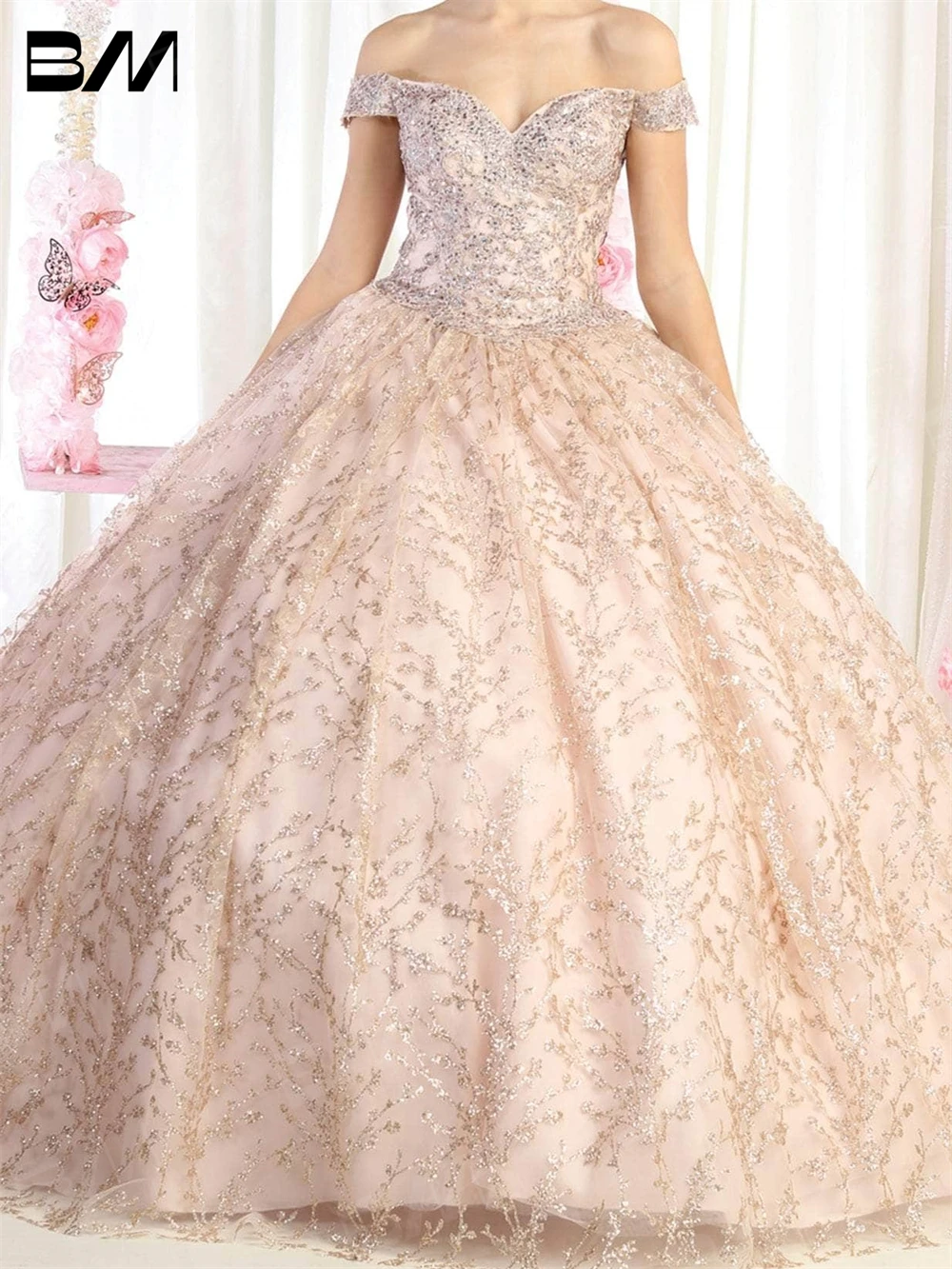 

Glitter Print Rhinestones Ball Gown Vestidos Prom 2023 Rosette Glitter Quinceanera Dress 2023 Cocktail Dresses