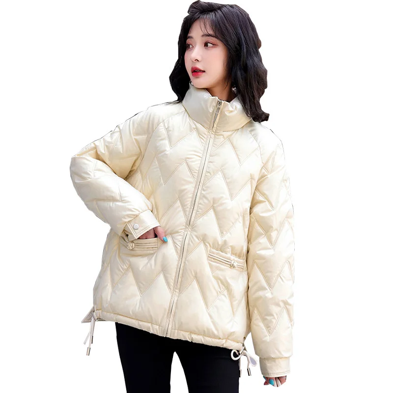 2022 Stand Collar Winter Jacket Women Bright Shiny Cotton Padded Warm Thicken Female Coat Short Parka Puffer Jacket