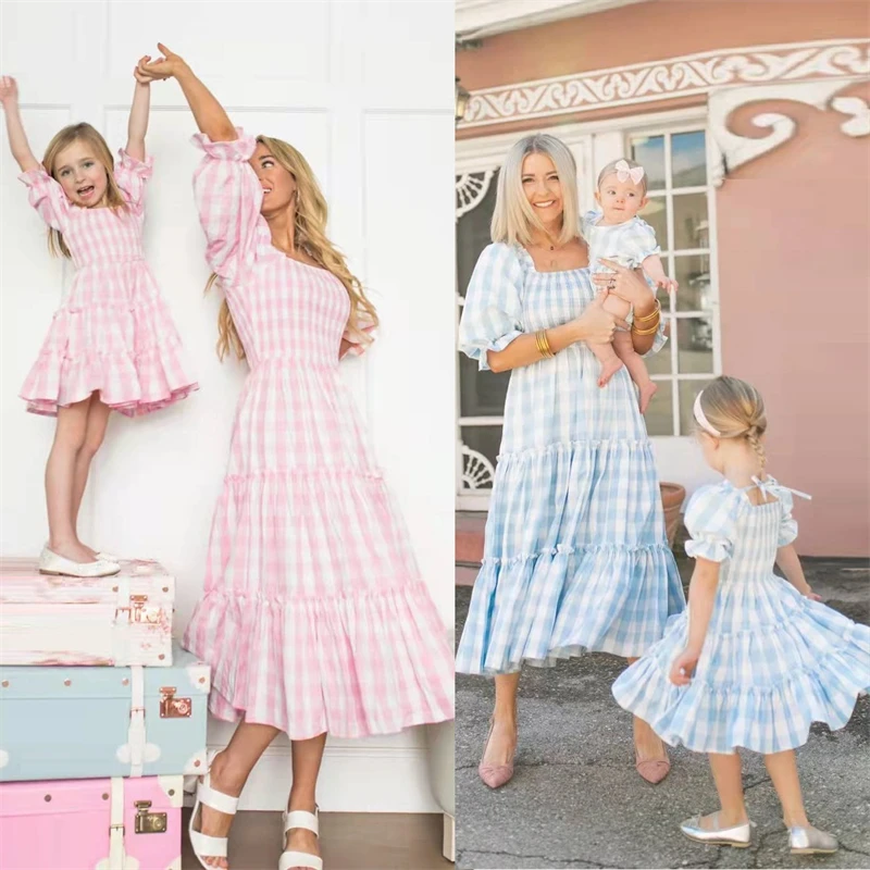 

Платье в клетку для мамы и дочки, Семейный комплект, с квадратным вырезом, для мамы и ребенка, для мамы и ребенка, Модное шифоновое платье для ...