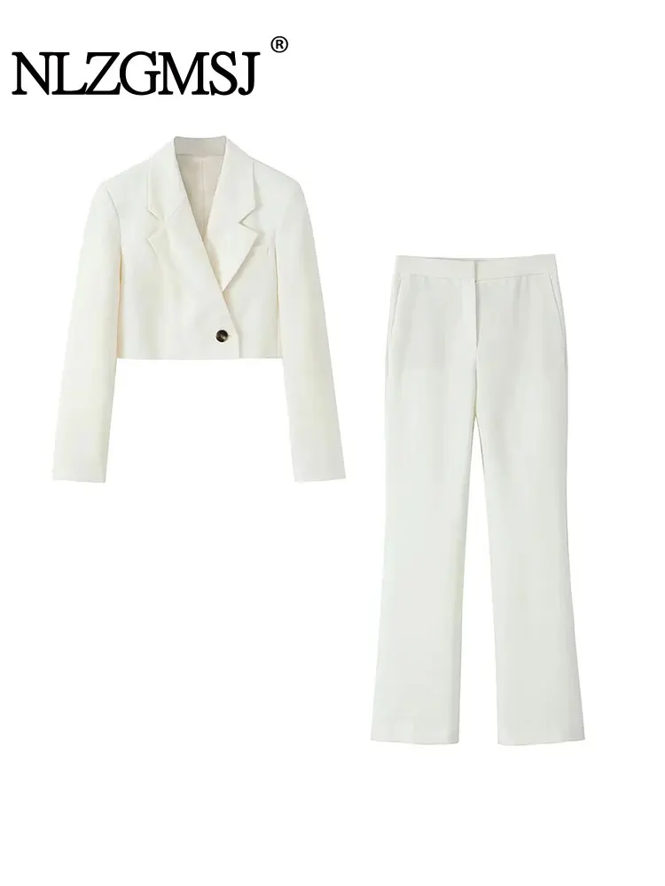 

Nlzgmsj TRAF 2023 New Women Suit Long Sleeve Lapel Single buckle Short Jacket Blazer +High Waist Solid color Pants Fashion Sets