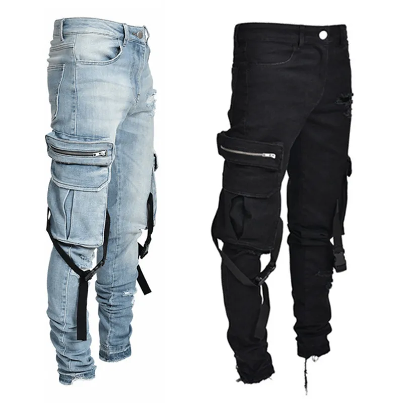 

Мужские джинсы в стиле хип-хоп, длинные брюки с ремешками в трех карманах, новая модель в европейском и американском стиле, 28