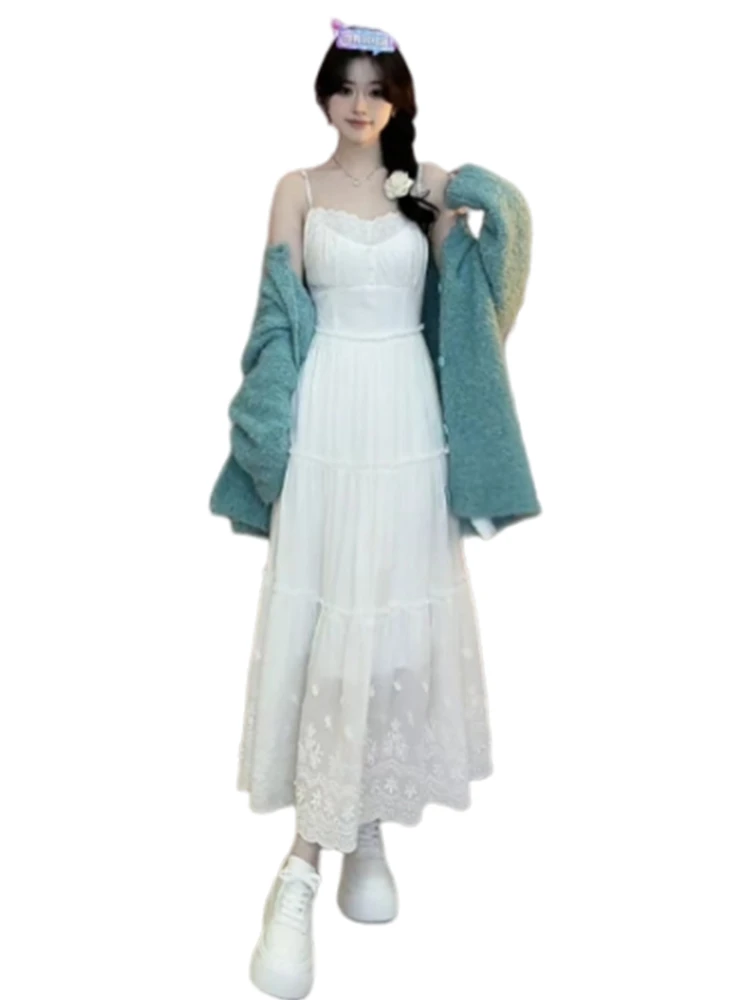 Летнее корейское платье Sle 2023 Новое поступление белое на подтяжках женское