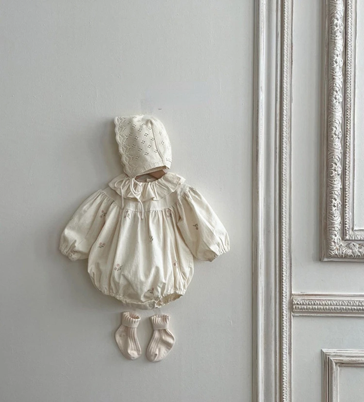 Freely Move 2022 New Fashion Infant Girls Romper Ruffle Long Sleeve Flower Embroidered Lapel Jumpsuit Baby Autumn Clothing
