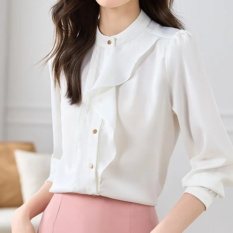 

French Long Sleeve Shirts Fashion Women's Button Up Chiffon Blouse Women Ruffles Office Tops Female Clothing Elegant New 29463