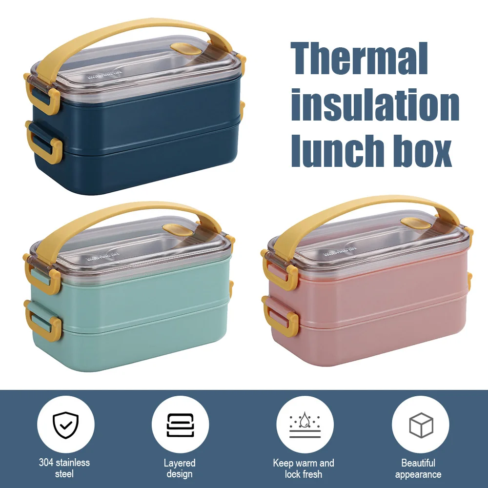 

304 Stainless Steel Double Deck Food Box Fresh-Keeping Box Food Container Kitchen Accessories for Office Workers Students