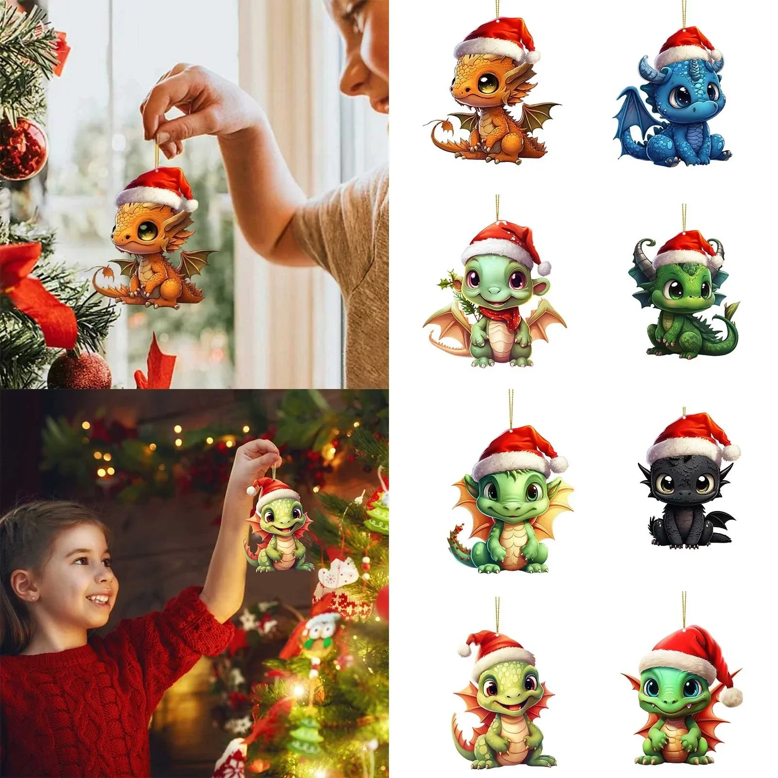 

Christmas Decorations 2024 2D Cartoon Baby Dragon Ornaments Fun Christmas Tree Hanging Dinosaur Pendants Navidad Home Car Decor