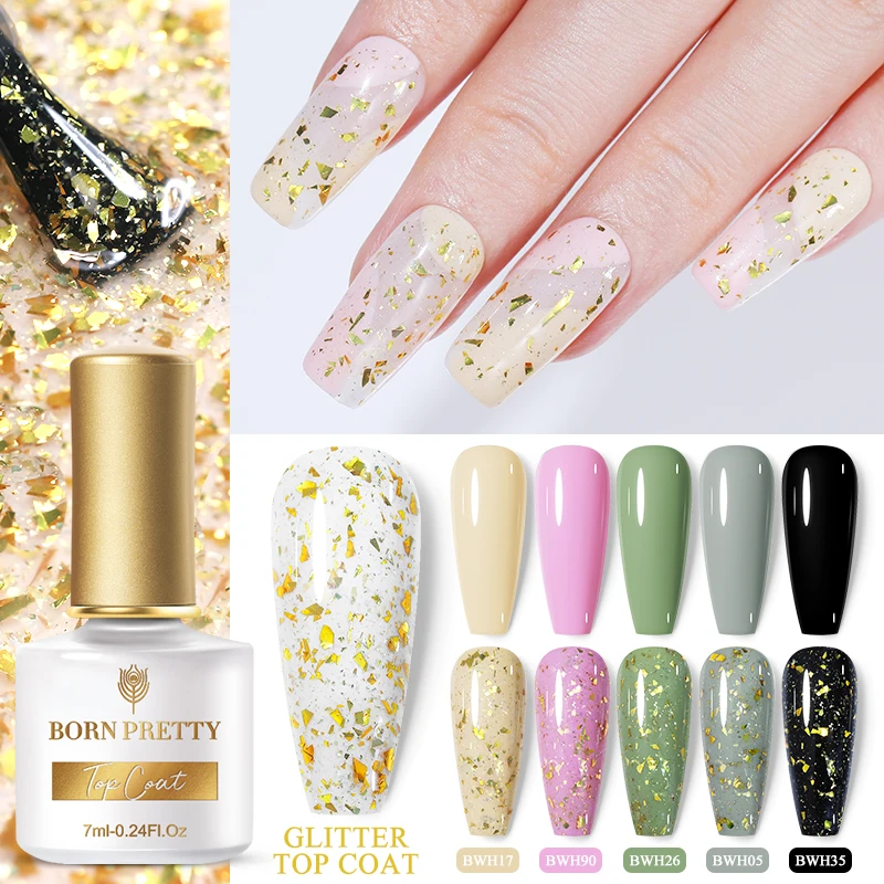 

BORN PRETTY Champagne Gold Glitter Top Coat 7ml Sparkly Gel Varnish Soak Off Nail Gel Nail Polish Manicure Salon DIY at Home