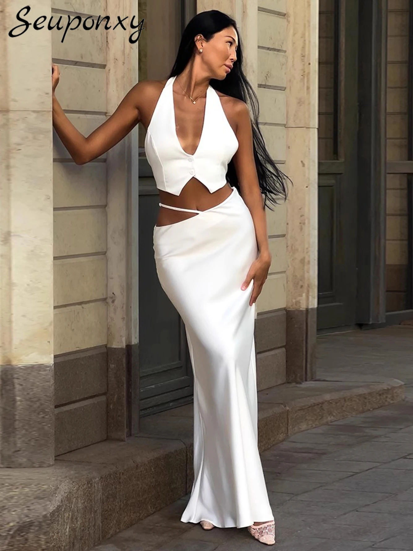 High Quality Autumn And Winter Women'S Black 2-Piece Set Sexy Sleeveless Hanging Neck Backless Short Top+Long Skirt Party