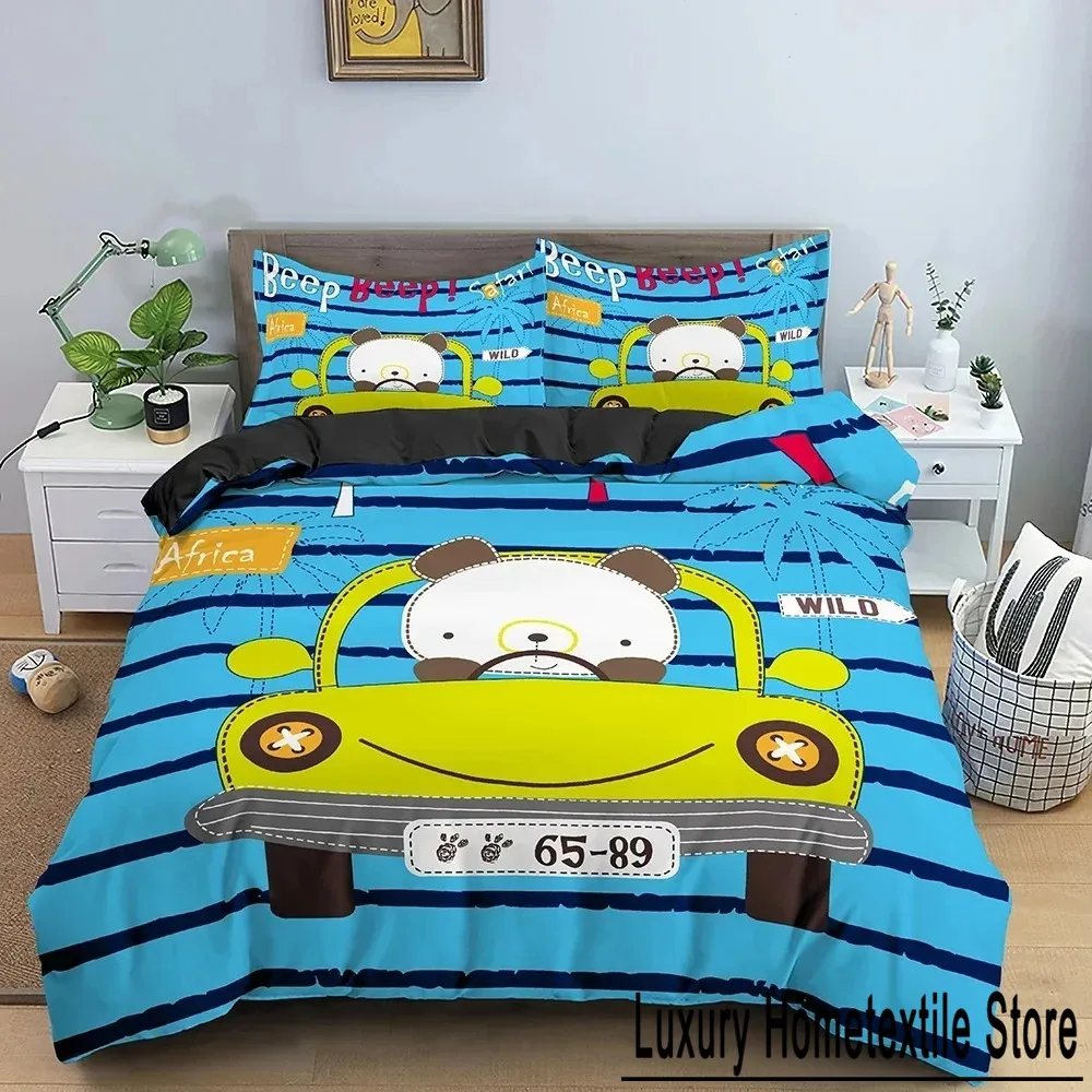 Комплект постельного белья с мультяшным медведем и машиной для мальчиков