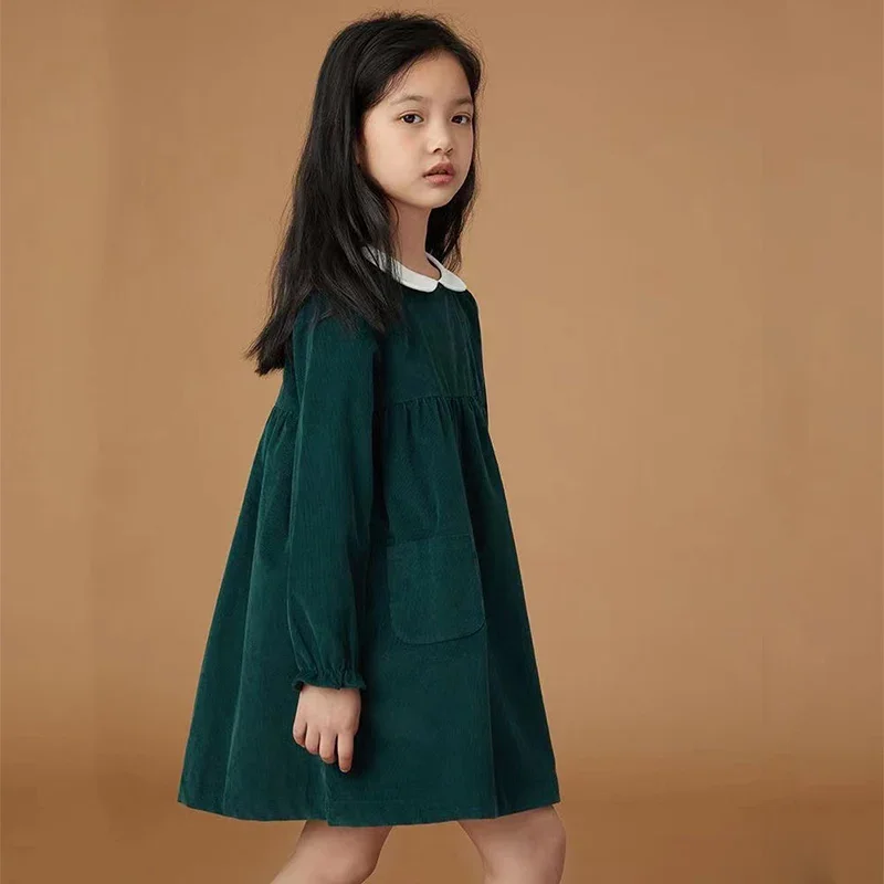 Spring 2024 New Corduroy Teen Girl Dress Cotton Kids Autumn Children Long Sleeve Dresses Princess Party Fashion Outfit Clothing