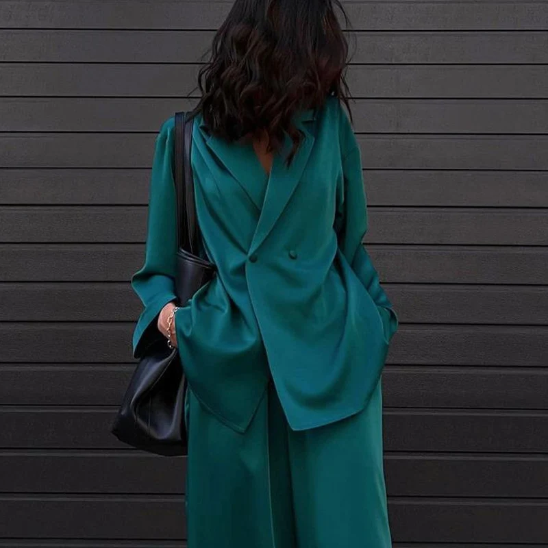 

Casual Women 2pc Set Homewear Elegant Solid Satin Suit Set Fashion Long Sleeve Lapel Blazer Tops And Lady Wide Leg Pants Outfits