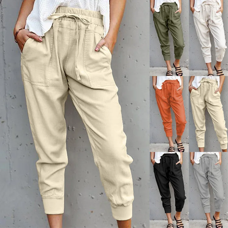 2023 Summer Women's Casual Pants New Fashion Ladies Cotton and Linen Solid Color Simple Lace Slim Nine Points Trousers