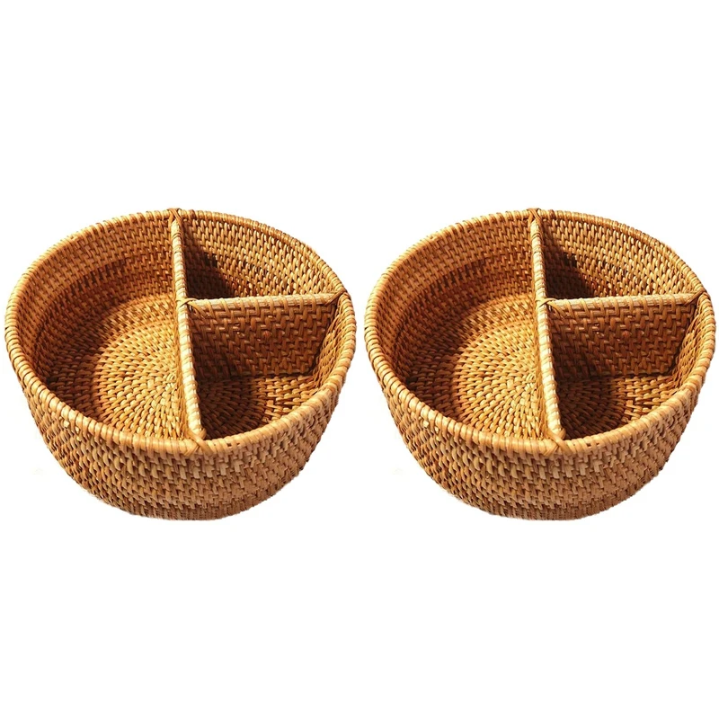 

2X Desktop Storage Basket Hand-Woven Rattan 3 Compartment Storage Box Storage Box(190 mm 3 Grid Round Box)