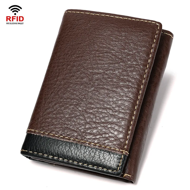 Aliwood RFID Anti-Theft Cowhide Wallet Genuine Leather Men's Short 3 Fold Wallets High Quality Money Clip Coin Purse Carteras