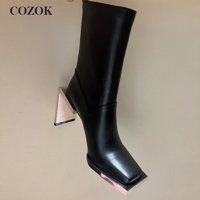 

Женские ботинки челси на высоком каблуке, классические короткие сапоги из натуральной кожи, на молнии, с металлическим квадратным носком, О...