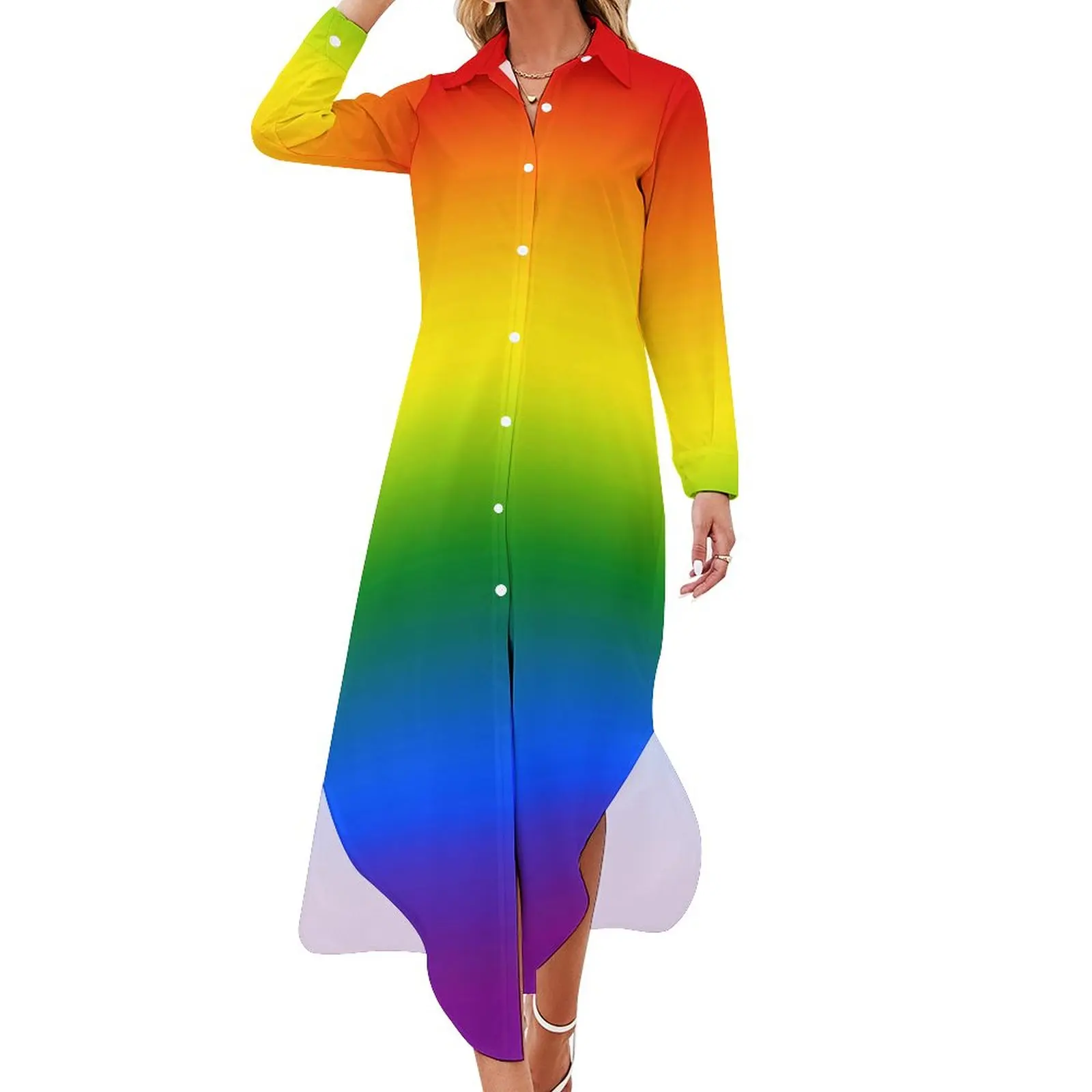 

Rainbow Ombre Casual Dress Pretty Bright Colorful Fashion Dresses Long Sleeve Beach Female V Neck Graphic Big Size Chiffon Dress