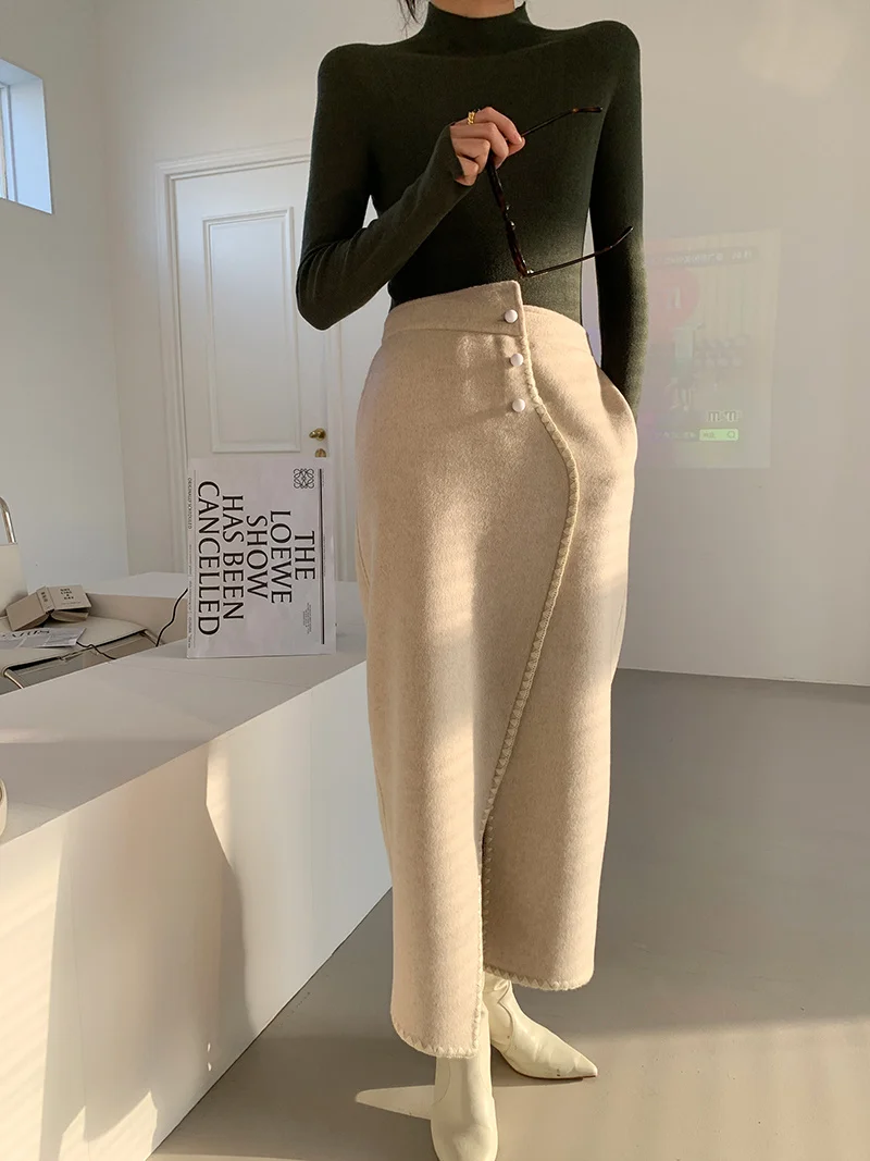 

PIAON Small Fragrance Elegant Long Dress Woolen A-line Half length Dress Spring Autumn Winter Matching Sweater Women's Mid